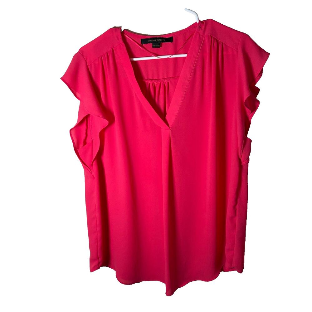 Cynthia Steffe Blouse Women's Large V-Neck Ruffle Pink Lightweight Top